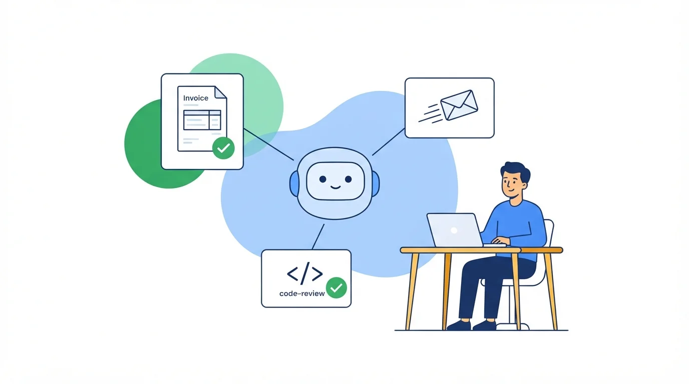 AI agents automating real work across email, data, invoices, and code in a dashboard