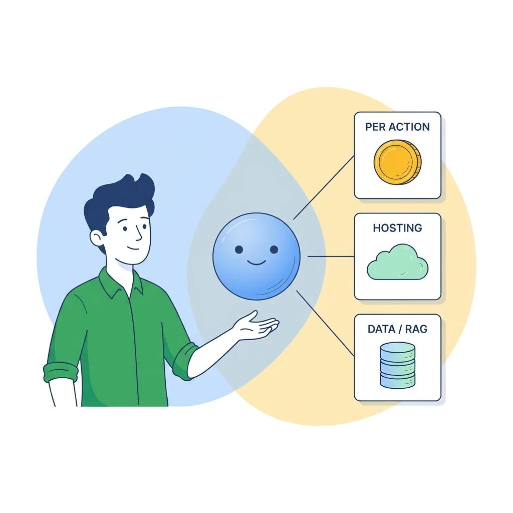 An honest breakdown of what it costs to build and run a production AI agent: build, per-action, hosting, and RAG.