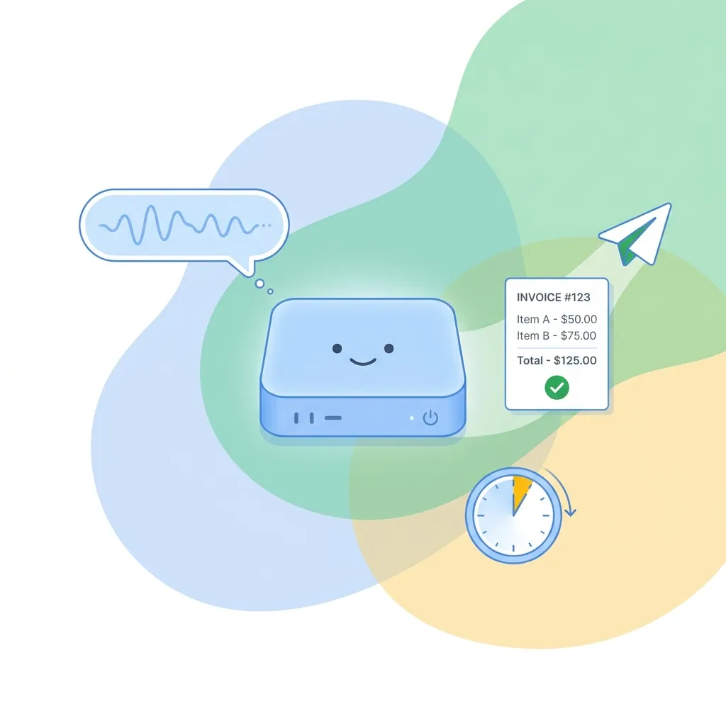 Editorial vector illustration of Freddy, a small friendly invoicing agent, turning a spoken voice note into a sent invoice — an hour of work in five minutes.