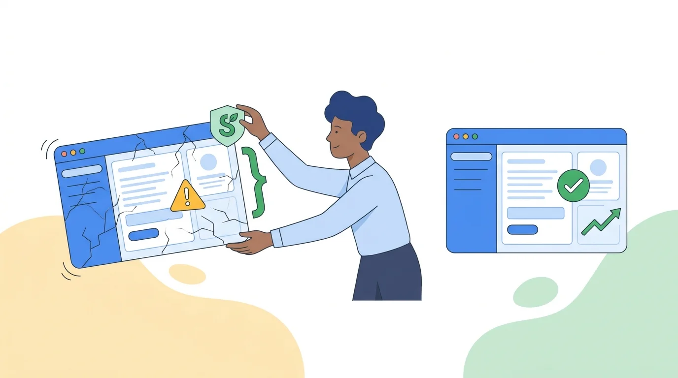 Engineers hardening an AI-built app for production, fixing tests, security, and scaling
